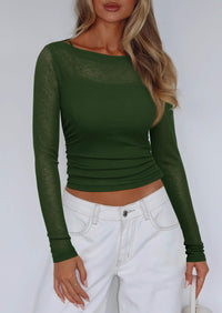 Boat Neck Long Sleeve Sheer Crop Cover Up with Spaghetti Strap Camisole 2 Piece Blouses