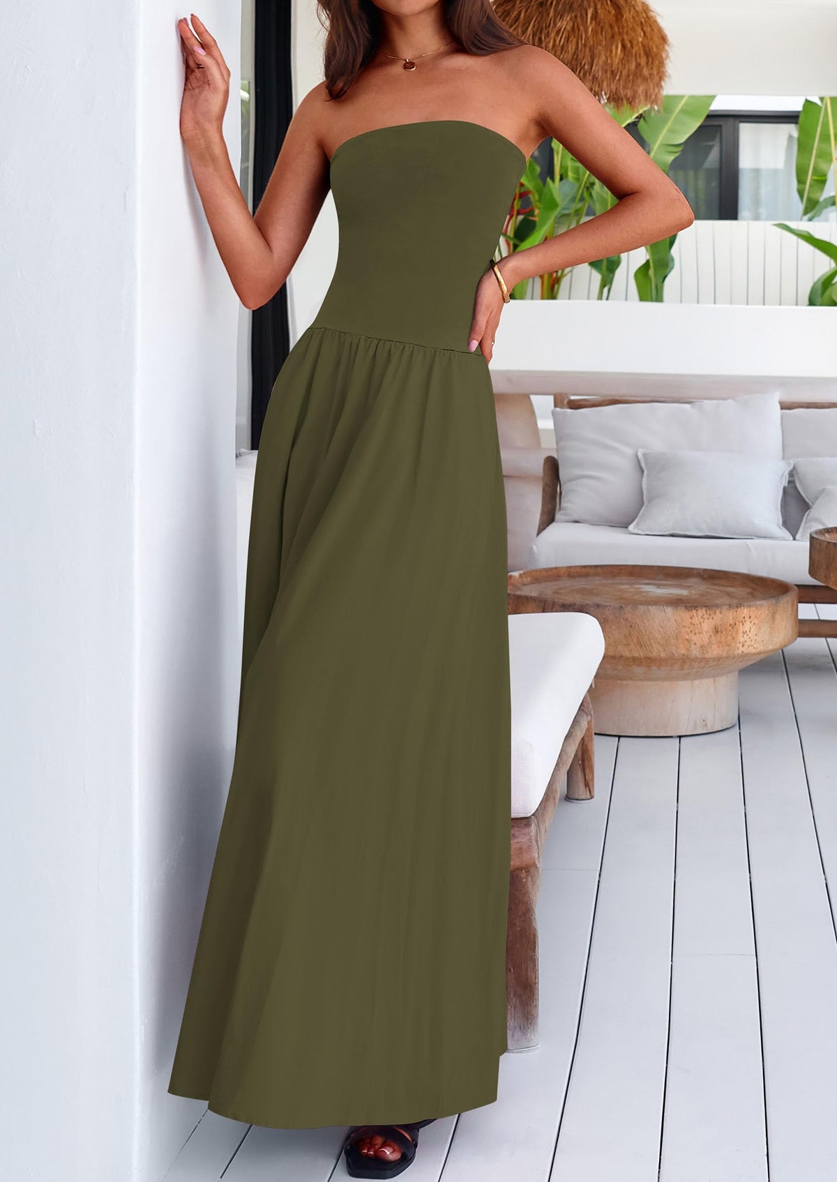 Strapless Patchwork Long Flowy Elegant Tube Top Maxi Dresses with Pockets