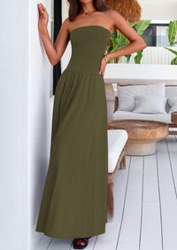 Strapless Patchwork Long Flowy Elegant Tube Top Maxi Dresses with Pockets