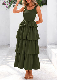 Sleeveless Scoop Neck Smocked A Line Tiered Beach Midi Dress
