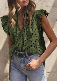 Casual Ruffle Cap Sleeve Button V Neck Embroidered Eyelet Blouses