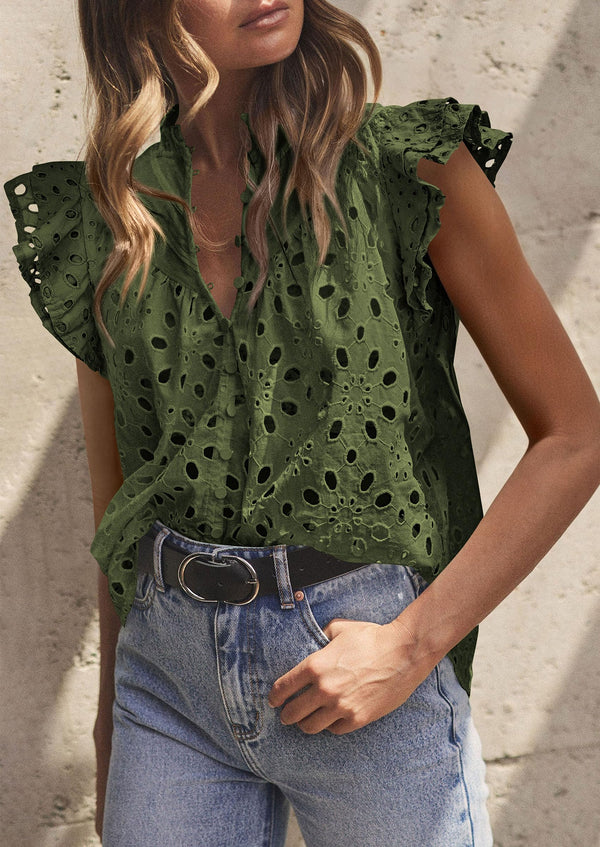 Casual Ruffle Cap Sleeve Button V Neck Embroidered Eyelet Blouses