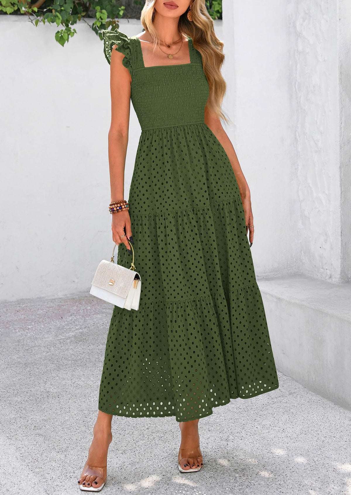 Square Neck Cap Sleeve Eyelet Smocked Tiered A Line Maxi Dresses with Pockets