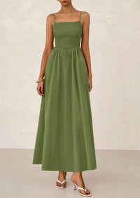 Smocked Beach Casual Spaghetti Strap Swing A Line Flowy Maxi Dresses