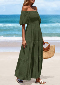 Puff Short Sleeve Square Neck Smocked Tiered Ruffle A Line Flowy Beach Maxi Dresses
