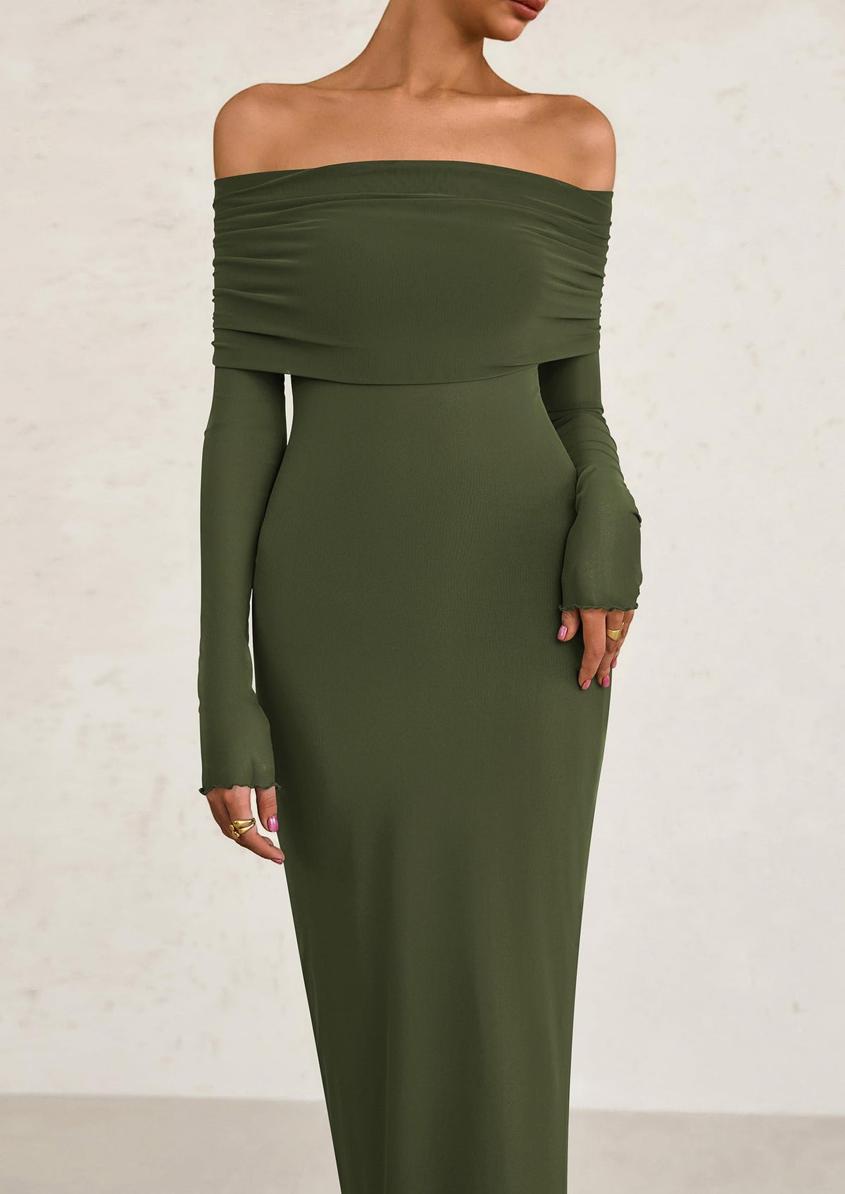 Off The Shoulder Bodycon Long Sleeve Mesh Maxi Dress