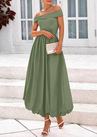 Off Shoulder Sleeveless A Line Midi Dress with Pockets