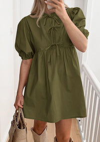 Casual Short Sleeve A Line Bow Tie Front Babydoll Loose Mini Dresses with Pockets