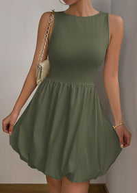 Casual Sleeveless Tank Mini Short Dress Crew Neck Bubble Dress with Pockets