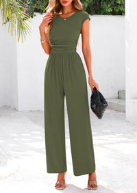 Dressy Ribbed Cap Sleeve Wide Leg Pants Elegant Casual Jumpsuits