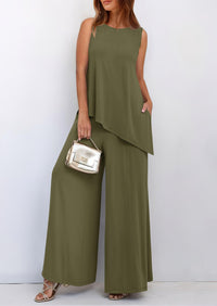 Asymmetrical Split Tank Tops Wide Leg Pants  Two Piece Sets