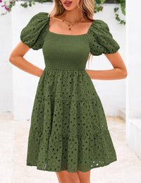 Puff Sleeve Off Shoulder Eyelet Smocked A Line Casual Babydoll Mini Dress