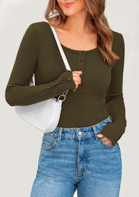 Long Sleeve Henley Ribbed Knit Button Up Slim Fitted Basic Casual T-shirts