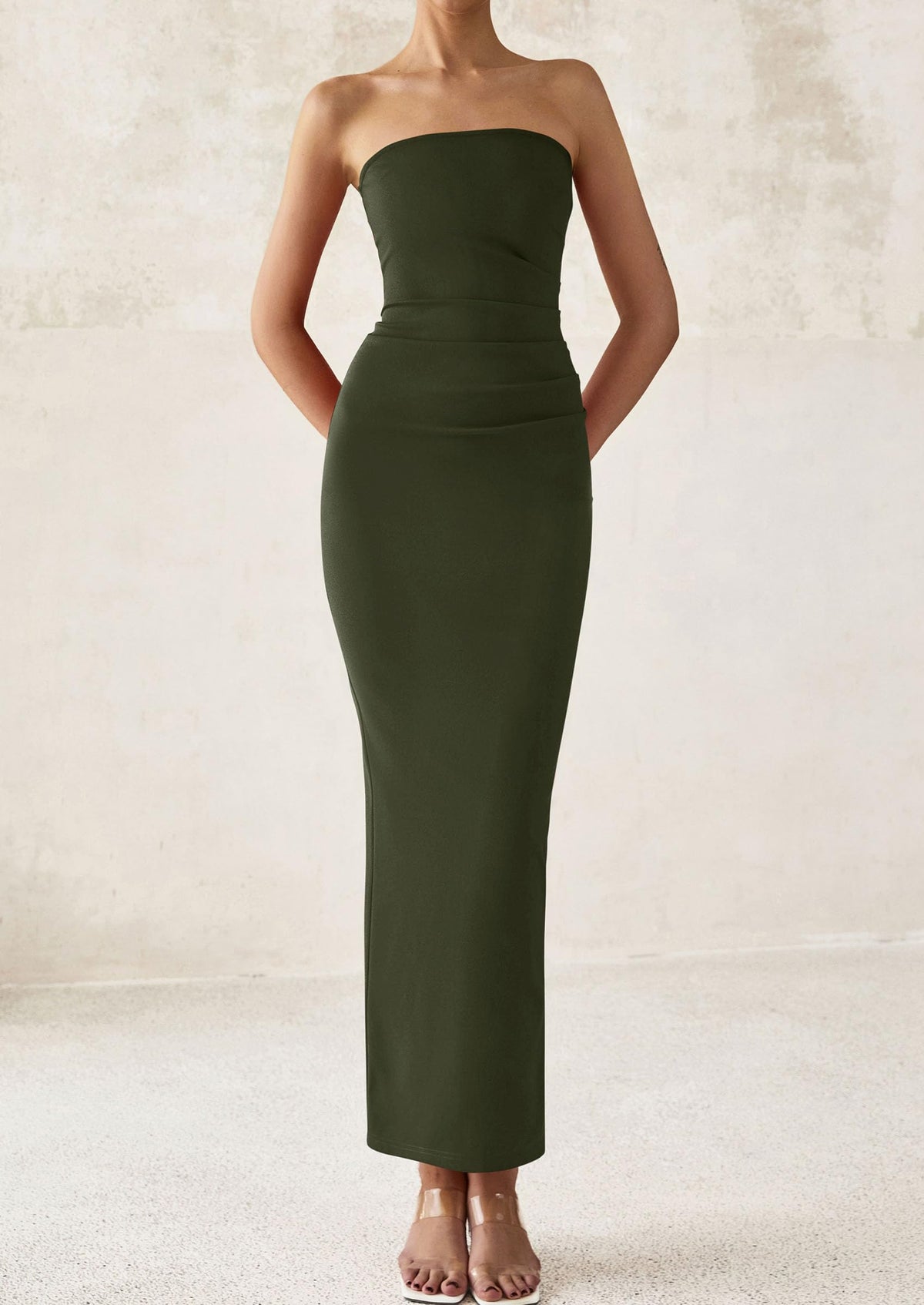 Strapless Tube Bodycon Ruched Slit Maxi Dresses