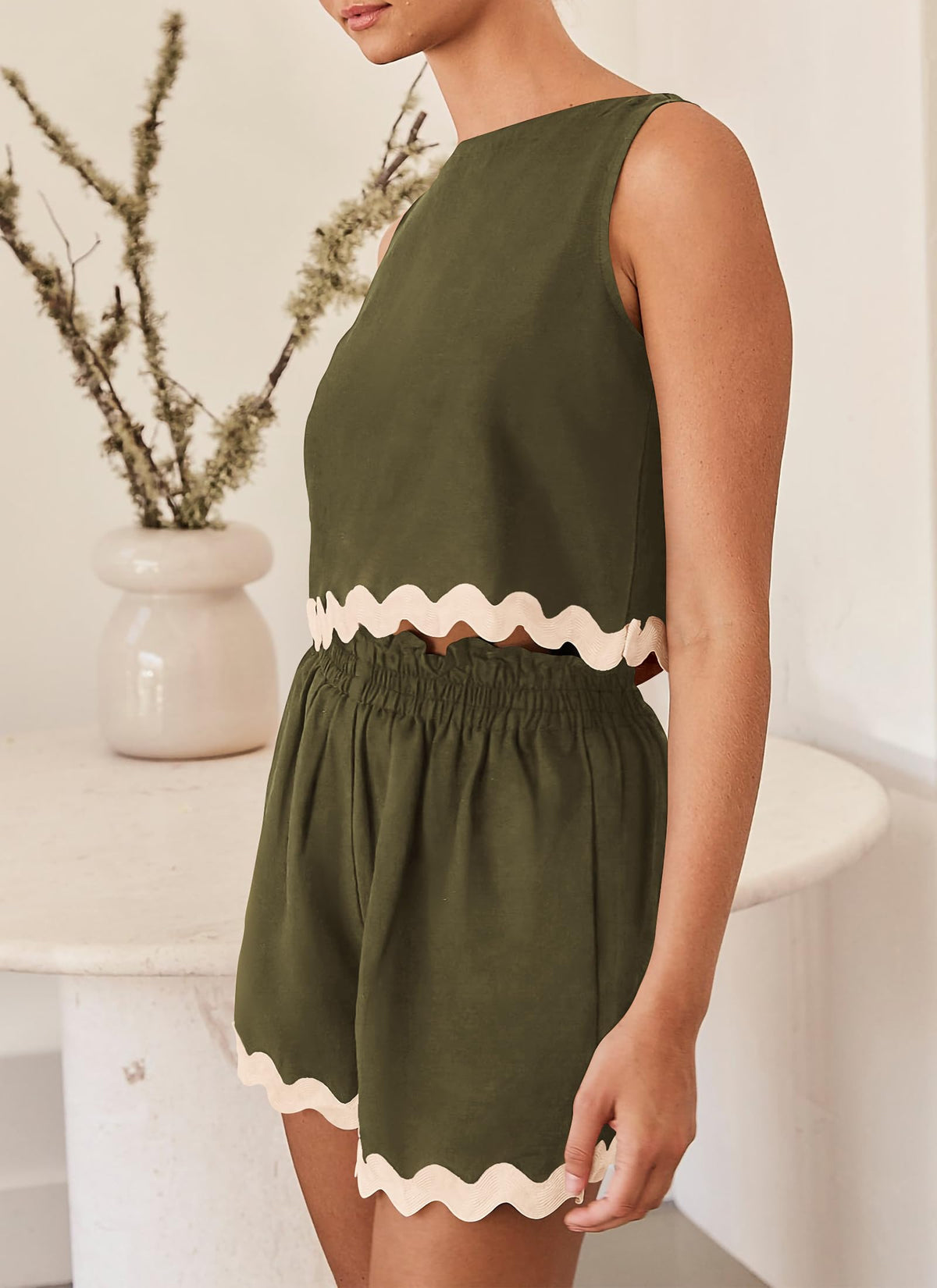 Beach Vacation Cropped Tank Top High Waist Shorts Two Piece Set