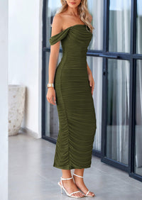 Off The Shoulder Ruched Bodycon Sleeveless Split Maxi Dresses