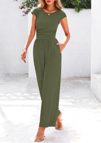 Dressy Ribbed Cap Sleeve Wide Leg Pants Elegant Casual Jumpsuits