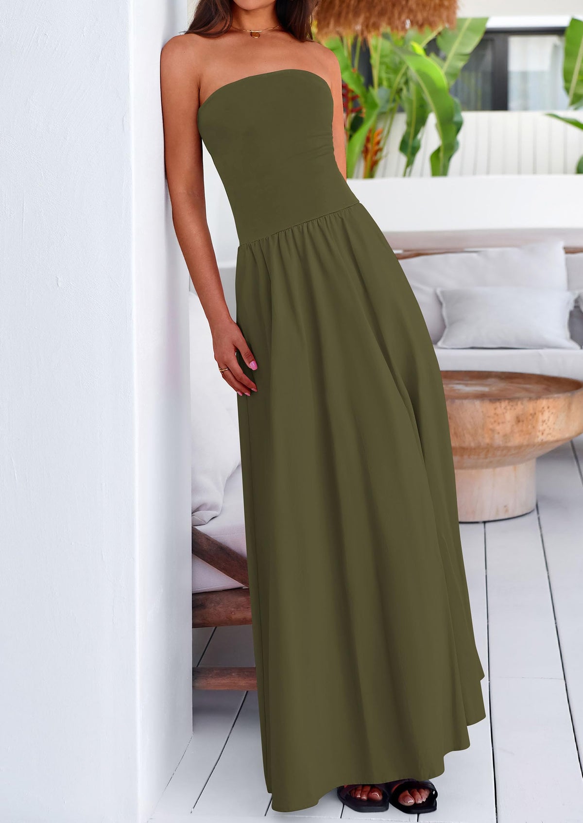 Strapless Patchwork Long Flowy Elegant Tube Top Maxi Dresses with Pockets