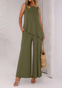 Asymmetrical Split Tank Tops Wide Leg Pants  Two Piece Sets