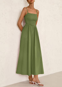 Smocked Beach Casual Spaghetti Strap Swing A Line Flowy Maxi Dresses