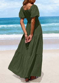 Puff Short Sleeve Square Neck Smocked Tiered Ruffle A Line Flowy Beach Maxi Dresses