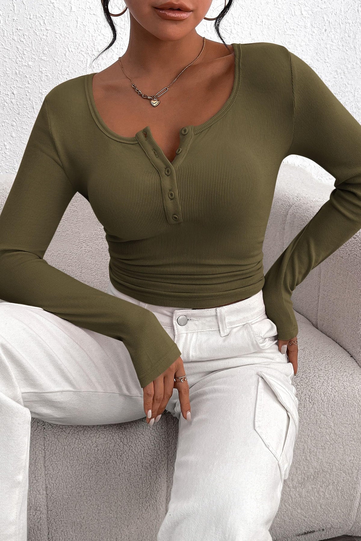 Long Sleeve Henley Button Down Ribbed Knit Slim Fit Casual T-shirts