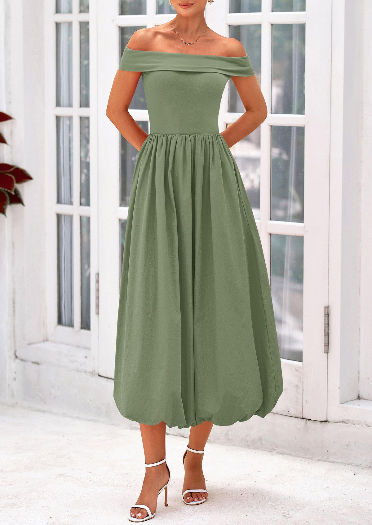 Off Shoulder Sleeveless A Line Midi Dress with Pockets