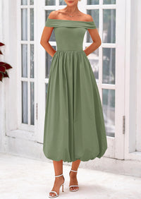 Off Shoulder Sleeveless A Line Midi Dress with Pockets