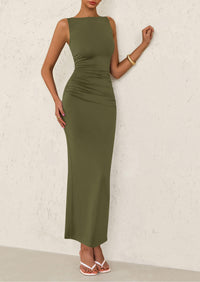 Sleeveless Ruched Bodycon Slit Long Maxi Dresses