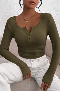Long Sleeve Henley Button Down Ribbed Knit Slim Fit Casual T-shirts