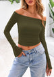 Long Sleeve Casual Off Shoulder Ruched Mesh Slim Fit Going Out Blouses
