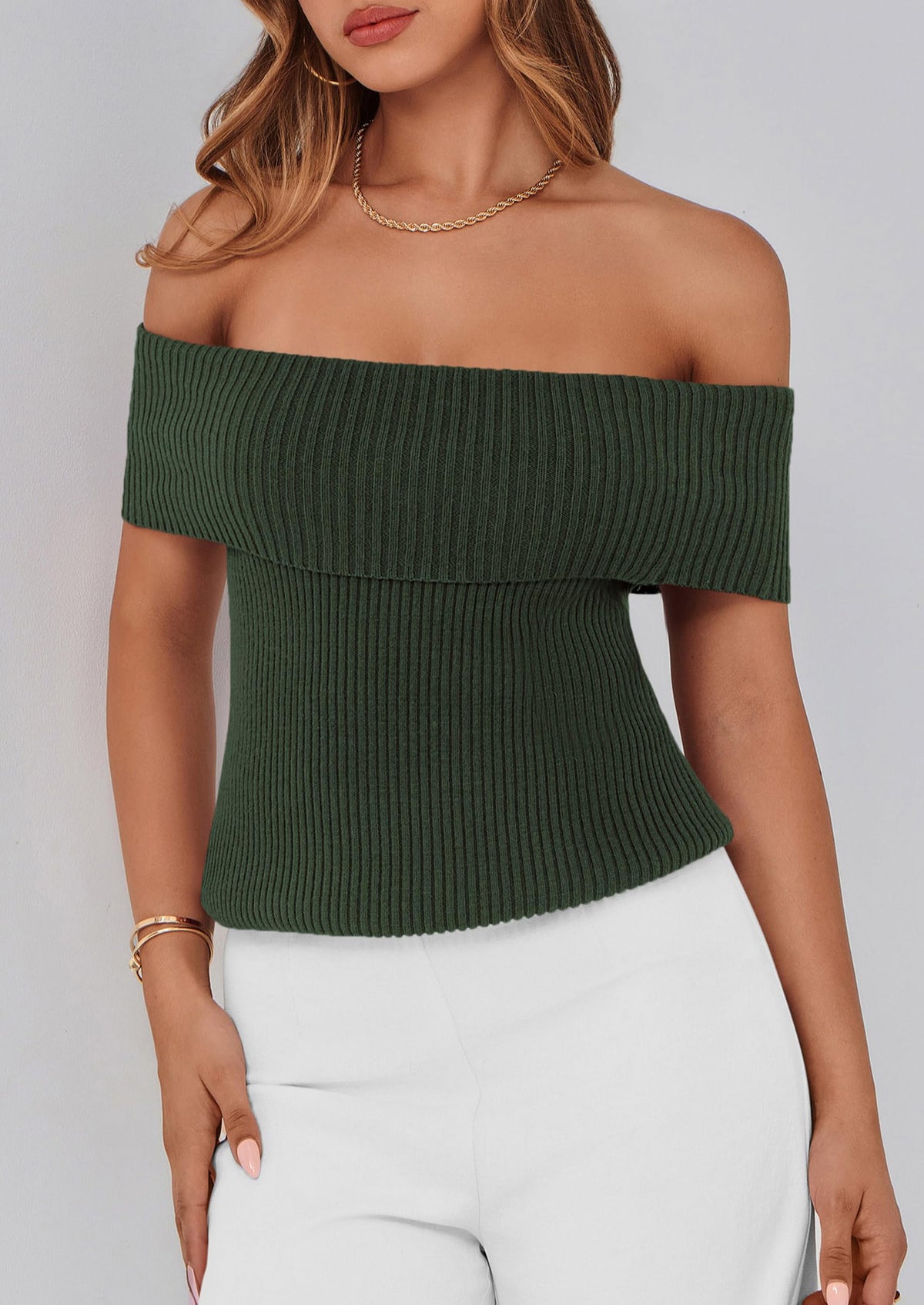 Off Shoulder Ribbed Knit Short Sleeve Blouse