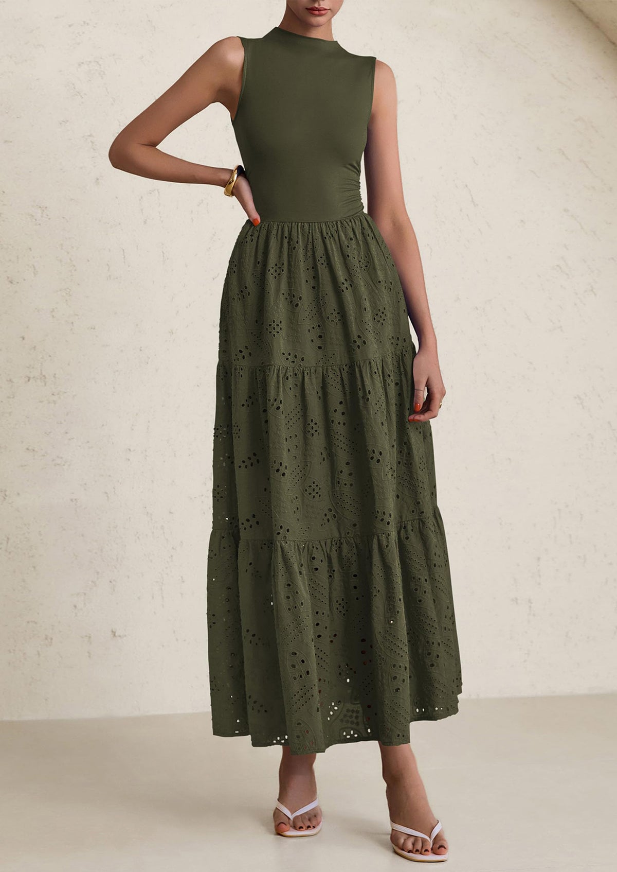 Casual Eyelet Sleeveless Maxi Dress with Pockets