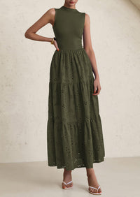 Casual Eyelet Sleeveless Maxi Dress with Pockets