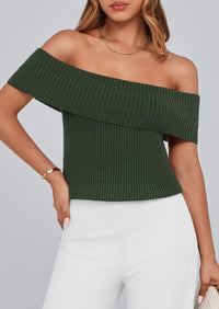 Off Shoulder Ribbed Knit Short Sleeve Blouse