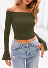 PRETTYGARDEN Off The Shoulder Tops for Women Trendy Ruched Mesh Slim Fit Long Sleeve Shirts Y2K Going Out Summer Outfits