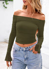 PRETTYGARDEN Off The Shoulder Tops for Women Trendy Ruched Mesh Slim Fit Long Sleeve Shirts Y2K Going Out Summer Outfits