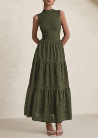 Casual Eyelet Sleeveless Maxi Dress with Pockets