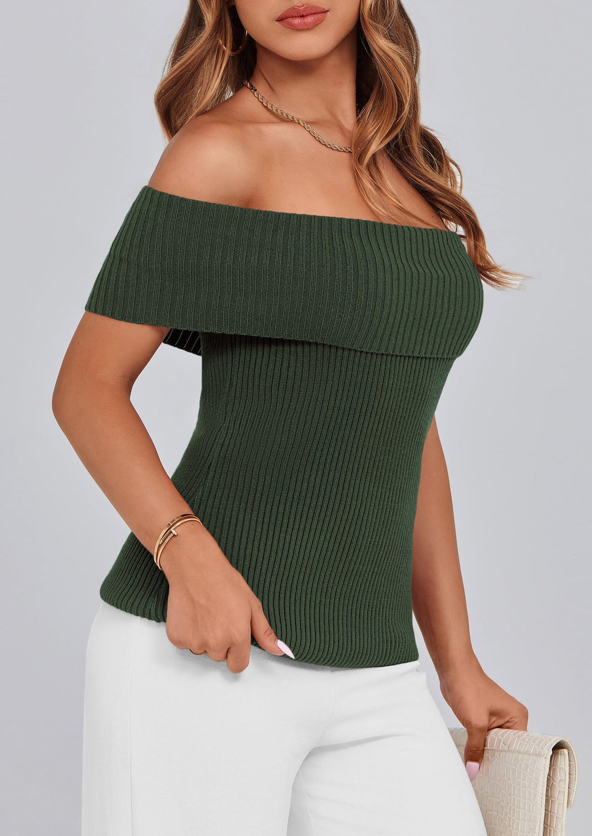 Off Shoulder Ribbed Knit Short Sleeve Blouse