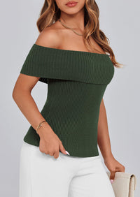 Off Shoulder Ribbed Knit Short Sleeve Blouse
