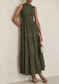 Casual Eyelet Sleeveless Maxi Dress with Pockets