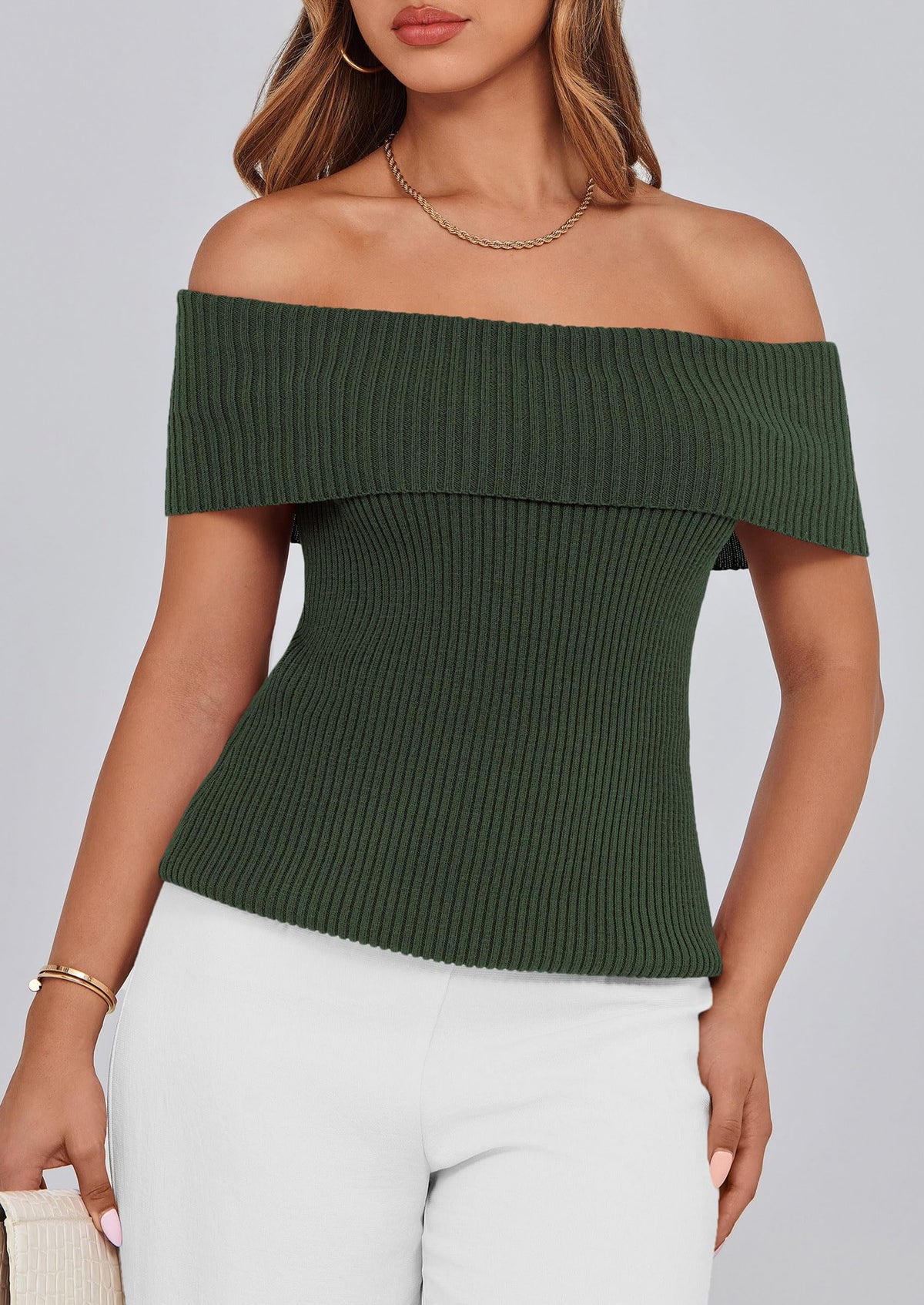 Off Shoulder Ribbed Knit Short Sleeve Blouse