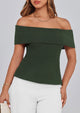 Off Shoulder Ribbed Knit Short Sleeve Blouse
