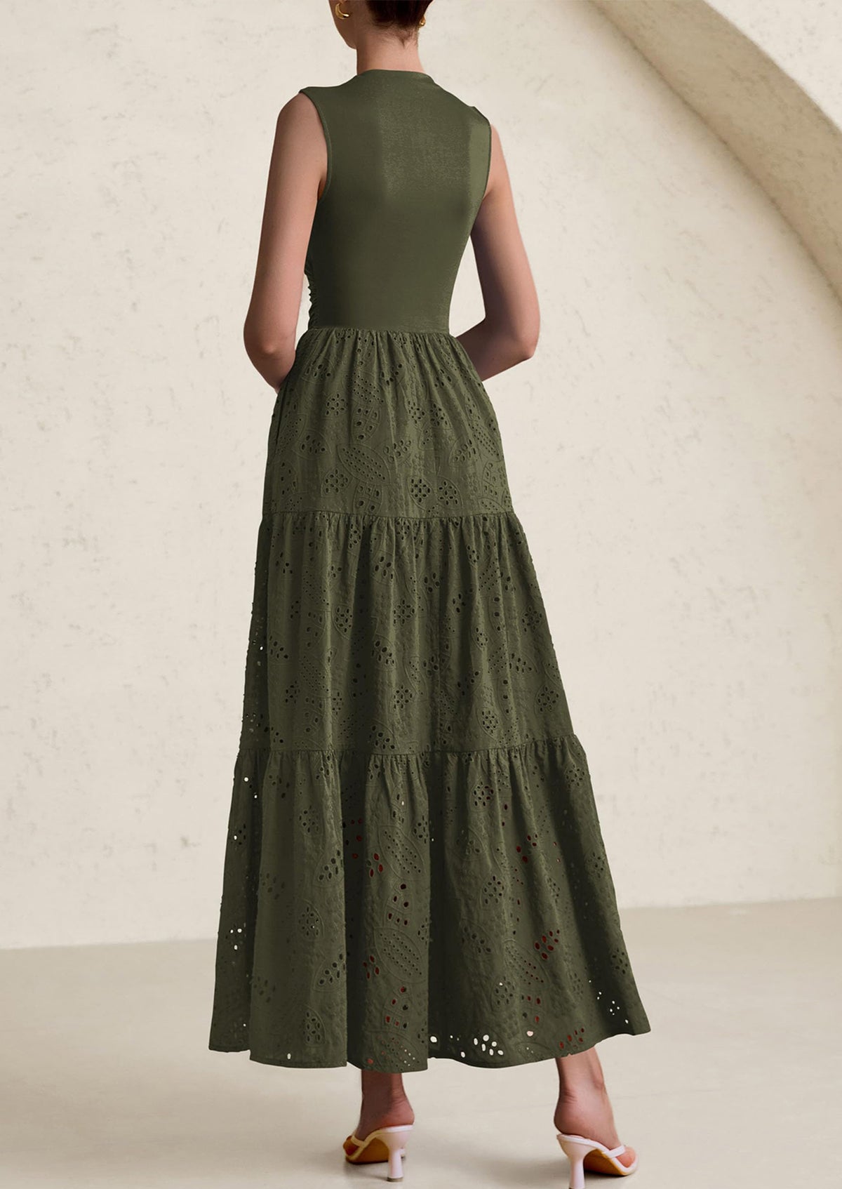 Casual Eyelet Sleeveless Maxi Dress with Pockets
