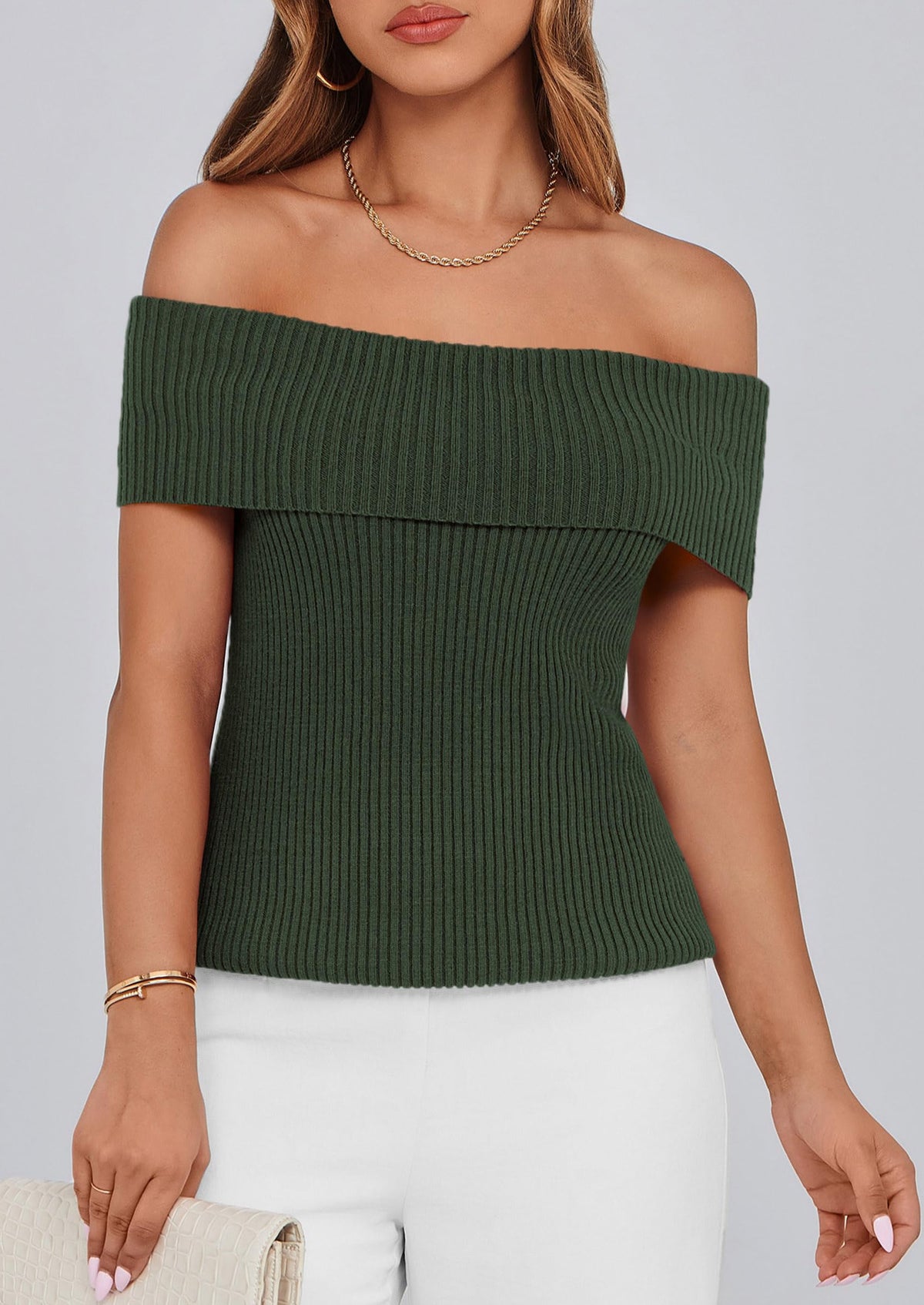 Off Shoulder Ribbed Knit Short Sleeve Blouse