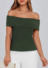 Off Shoulder Ribbed Knit Short Sleeve Blouse