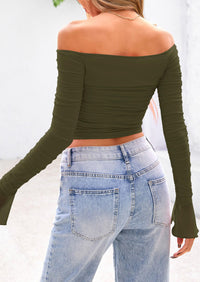 Long Sleeve Casual Off Shoulder Ruched Mesh Slim Fit Going Out Blouses