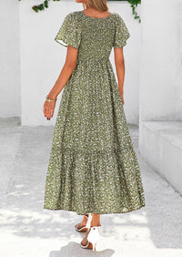 Floral Boho Short Sleeve V Neck Smocked A Line Beach Vacation Maxi Dresses