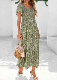 Floral Boho Short Sleeve V Neck Smocked A Line Beach Vacation Maxi Dresses