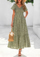 Floral Boho Short Sleeve V Neck Smocked A Line Beach Vacation Maxi Dresses
